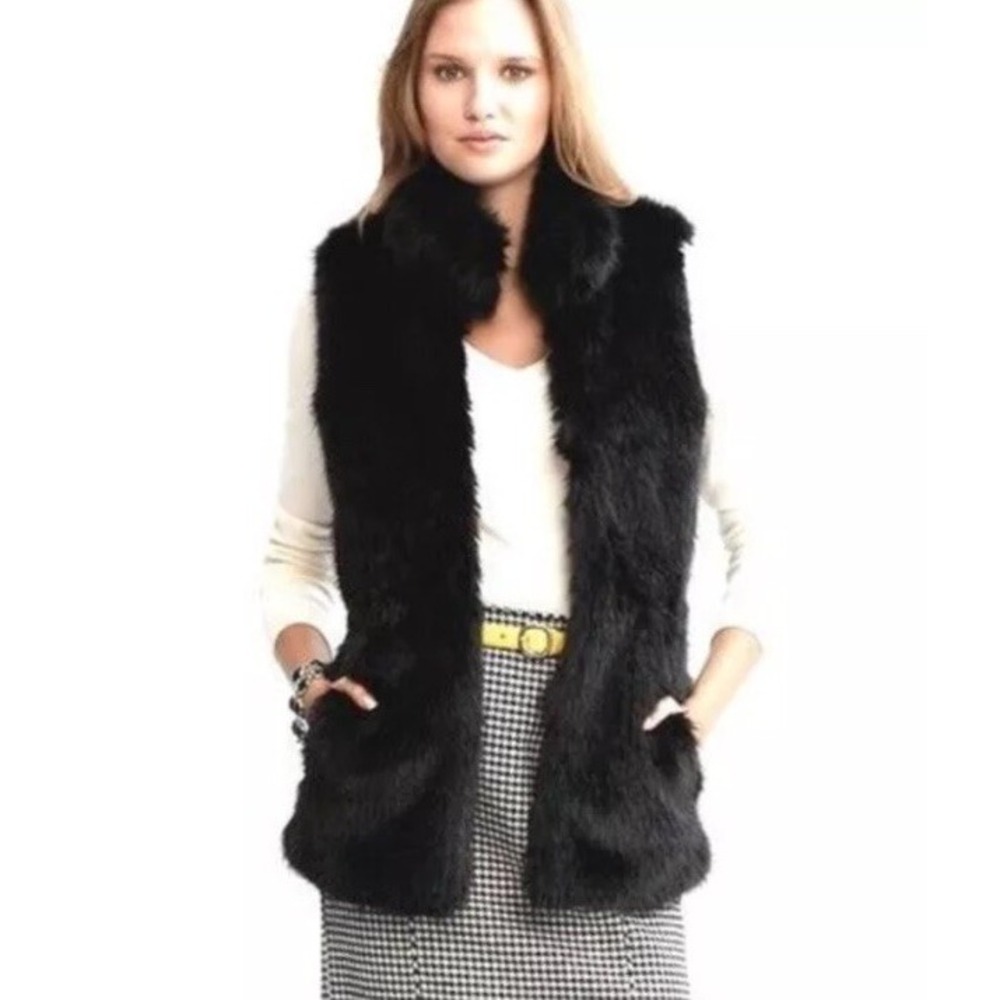 Banana Republic Black Faux Fur vest XS S High Neck Luxury Vegan
